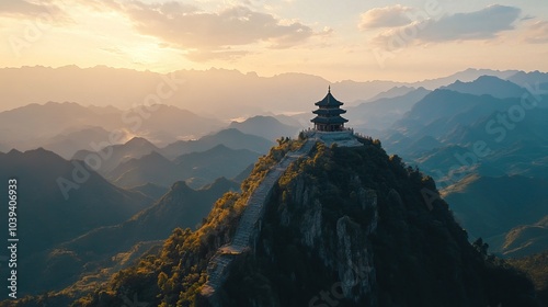 Fanjing mountain scenery with view of the red cloud golden summit with Buddhist temple on the top in Guizhou China (aerial photography) . photo