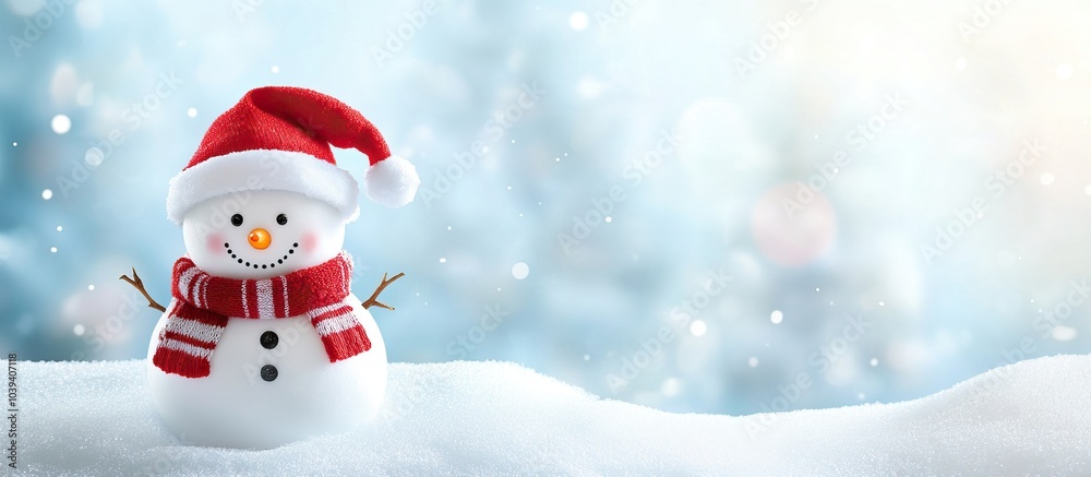Snowman on snowdrift in the winter with copy space Christmas background . Snowman on snowdrift in the winter with copy space Christmas background .