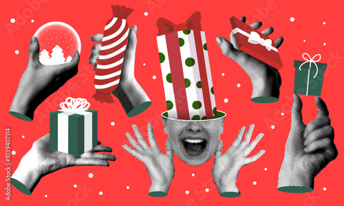 Set of halftone hands holding gift boxes. Collection of Christmas and New Year presents. Modern collage with body parts cut out of newspaper