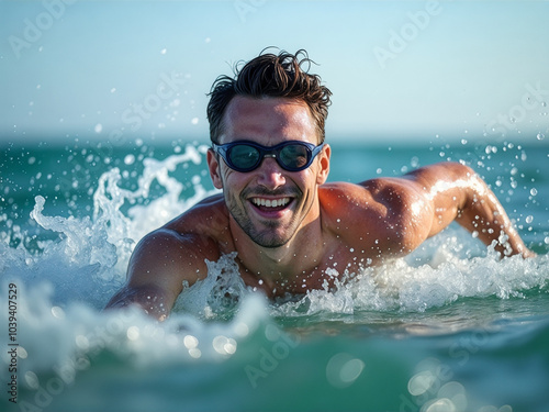 Man is smiling and swimming in the ocean