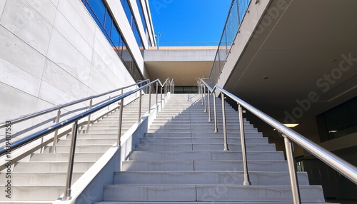 Modern concrete stairs with stainless steel railings leading up to a building with a blue sky.
 #1039407553