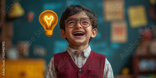 Excited Indian boy with light bulb symbol, representing creativity, innovation, and bright ideas.