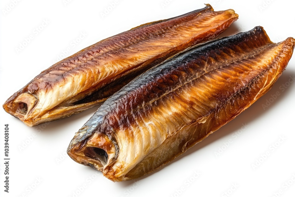 Two Whole Smoked Fish on a White Background Two Whole Smoked Fish on a White Background