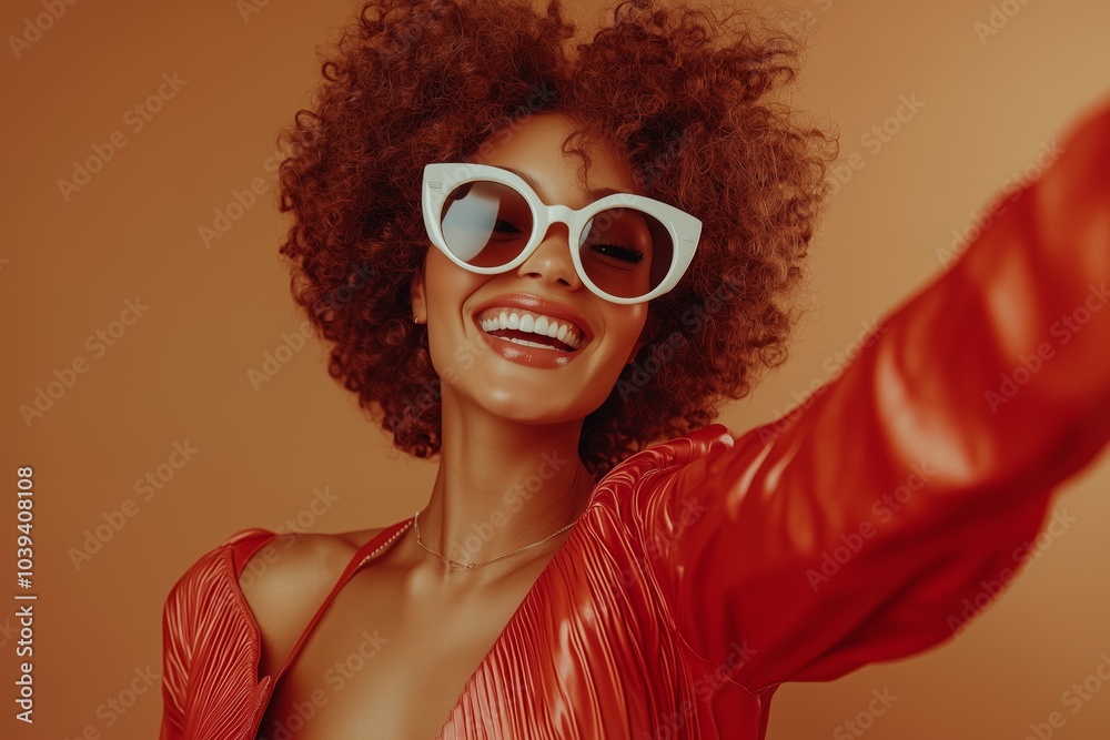 stylish woman in red attire and white sunglasses smiles while taking a selfie with her hand raised stylish woman in red attire and white sunglasses smiles while taking a selfie with her hand raised