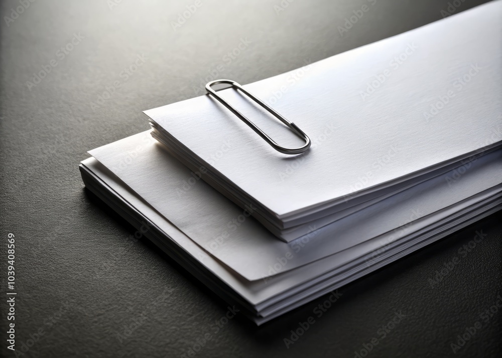 Low Light Photography of White Paper Sheets with Metal Paper Clip on a Dark Surface, Elegant Stack of Paper, Minimalist Office Supplies, Creative Workspace, Document Organization Low Light Photography of White Paper Sheets with Metal Paper Clip on a Dark Surface, Elegant Stack of Paper, Minimalist Office Supplies, Creative Workspace, Document Organization