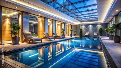 Wallpaper Mural Luxurious Indoor Night Pool with Crystal Clear Water, Stylish Sun Loungers, and Elegant Lighting Creating a Calm and Opulent Atmosphere for Relaxation Torontodigital.ca