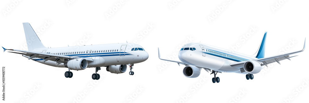 Obraz premium Set of a white airplane with blue stripes flying, isolated on a transparent background.