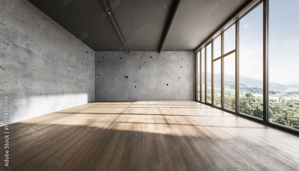 Modern empty concrete interior with mock up place on wall, wooden flooring, panoramic windows and daylight. 3D Rendering. Modern empty concrete interior with mock up place on wall, wooden flooring, panoramic windows and daylight. 3D Rendering.