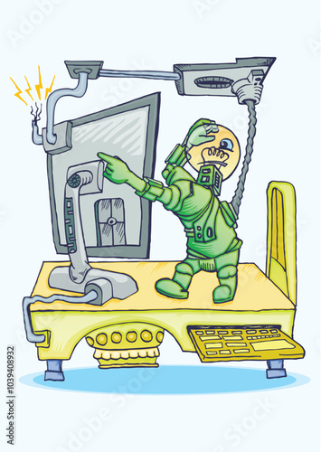 Cute Robot operating computer vector illustration for futuristic cartoon illustration