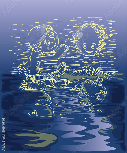 Little boy on the hill touching the Moon hand draw cartoon illustration