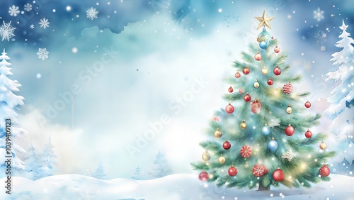 Watercolor Christmas tree with ornaments in winter wonderland, festive holiday scene..