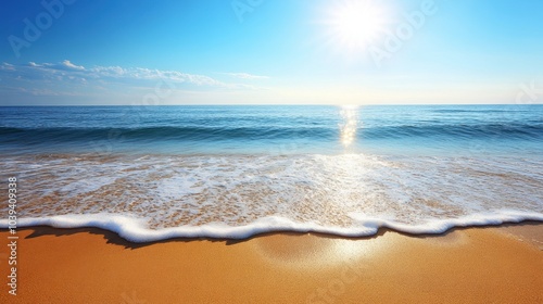 Tranquil Beach Scene with Golden Sand and Blue Ocean Waves