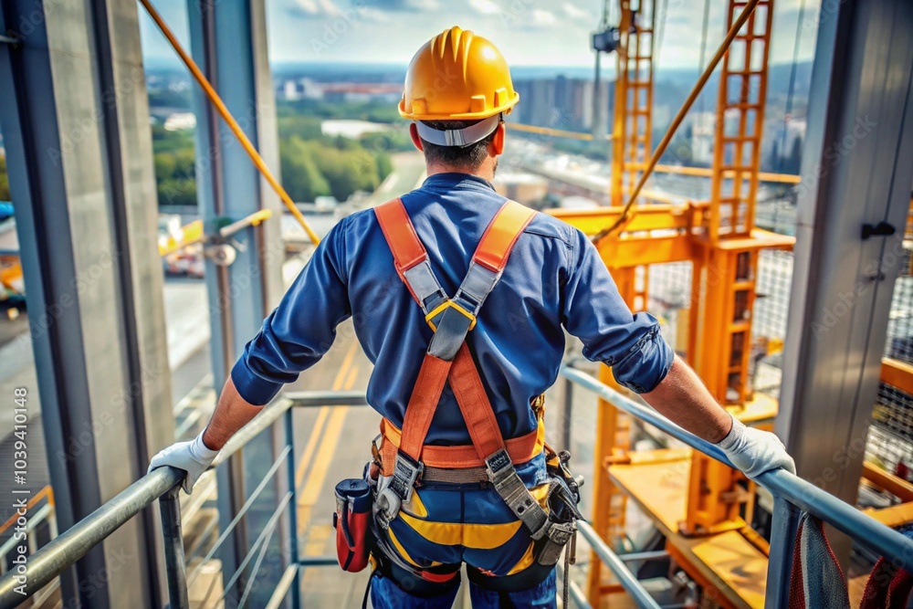 © Евгений Порохин - A man in a yellow and orange safety harness is standing on a bridge © Евгений Порохин - A man in a yellow and orange safety harness is standing on a bridge