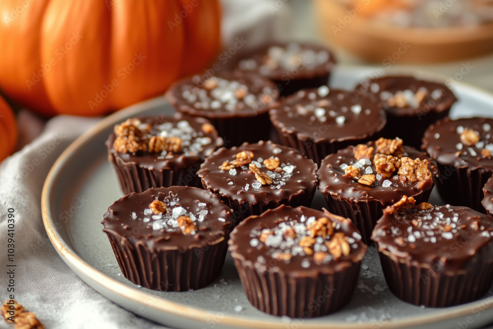 Pumpkin granola cups coated in chocolate Pumpkin granola cups coated in chocolate