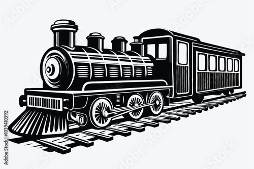 Engraved Railroad Black and White Outline Illustration of Tracks on White Background.