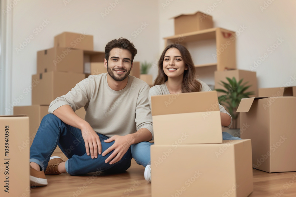Young happy couple moving into new home Young happy couple moving into new home