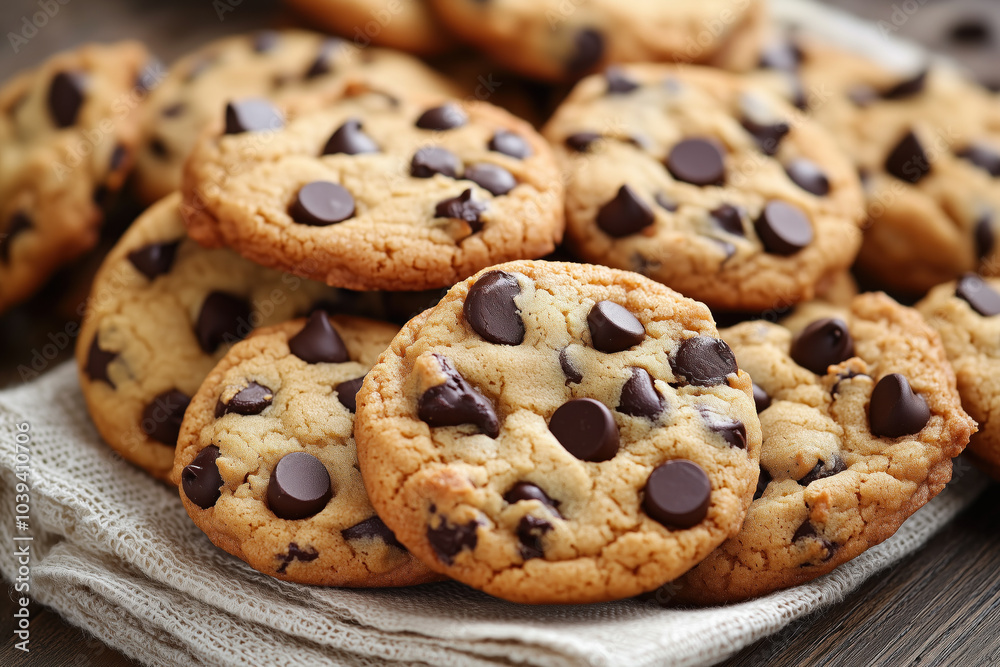 Freshly baked chocolate chip cookies on a cloth Freshly baked chocolate chip cookies on a cloth