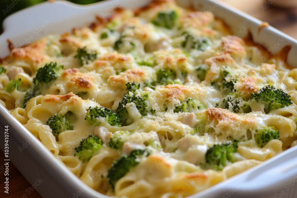 Broccoli chicken fettuccine Alfredo casserole in dish Broccoli chicken fettuccine Alfredo casserole in dish