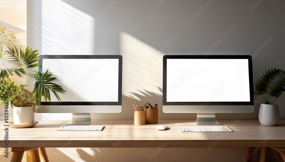 Blank white modern computer monitors as a part of stylish work place with light table in sunny room on home interior background. 3D rendering, mockup Blank white modern computer monitors as a part of stylish work place with light table in sunny room on home interior background. 3D rendering, mockup