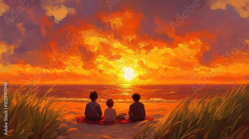 Family Sunset Picnic on the Beach Golden Hour Seascape