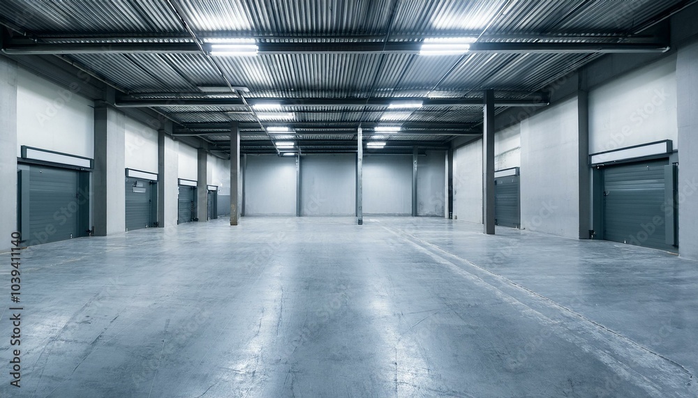 Clean spacious concrete warehouse garage interior. Space and design concept. 3D Rendering. Clean spacious concrete warehouse garage interior. Space and design concept. 3D Rendering.