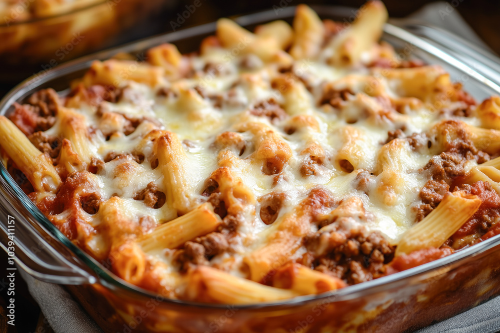 Baked pasta with melted cheese and meat sauce Baked pasta with melted cheese and meat sauce