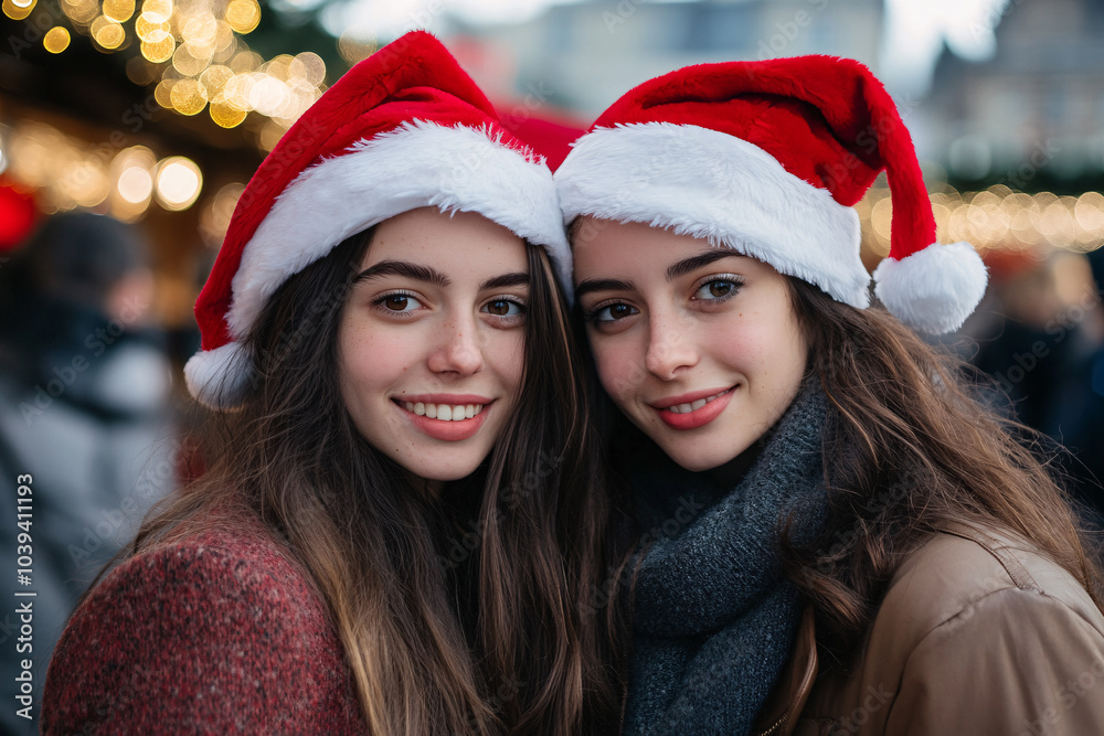 Pair of beautiful young women with winter santa hats at christmas market Pair of beautiful young women with winter santa hats at christmas market