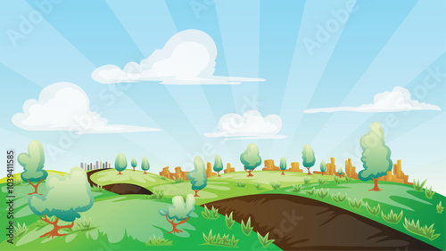 large view of landscape vector illustration in bright, sky background, blue, and cloudy day