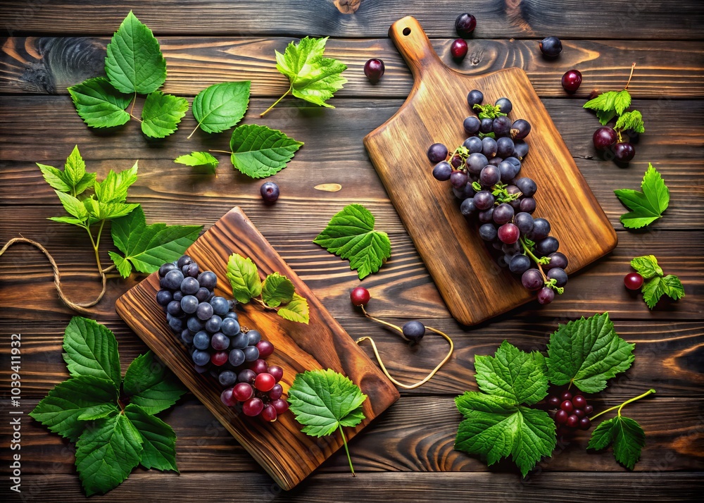 Natural Wood Texture Background with Grape Leaves, Berries, and Dark Brown Scratched Cutting Boards for Urban Exploration Photography Natural Wood Texture Background with Grape Leaves, Berries, and Dark Brown Scratched Cutting Boards for Urban Exploration Photography