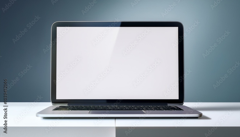 Elegant laptop on a clean white pedestal, featuring a blank screen for advertising and professional display. 3D Render Elegant laptop on a clean white pedestal, featuring a blank screen for advertising and professional display. 3D Render