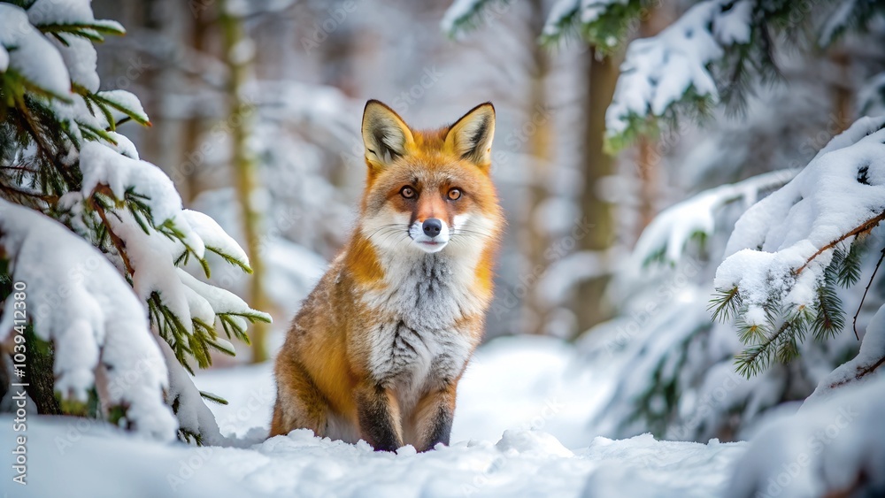 Beautiful Fox in Serene Snowy Forest with Tranquil Backdrop Beautiful Fox in Serene Snowy Forest with Tranquil Backdrop