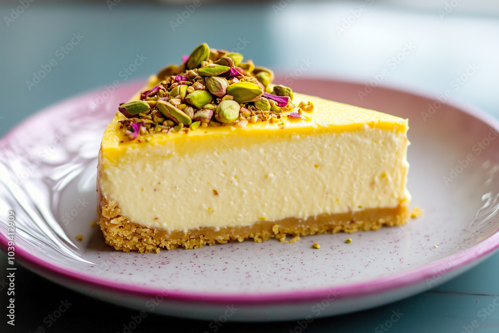 Pistachio cheesecake topped with a layer of nuts Pistachio cheesecake topped with a layer of nuts