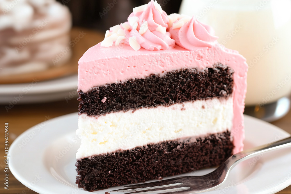 Chocolate and pink layered cake slice Chocolate and pink layered cake slice
