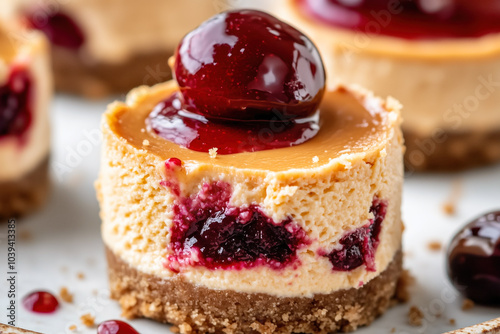 Cherry topped mini cheesecake with biscuit crust photo