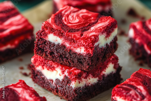 Decadent red velvet brownies with cheesecake swirl on top photo