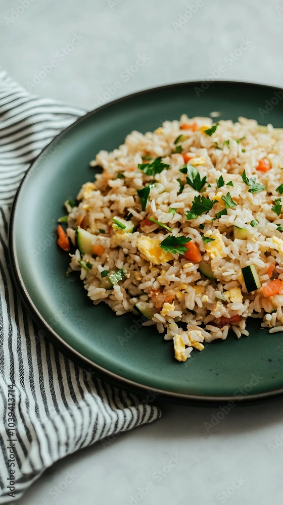 Closeup of a Plate of Delicious Fried Rice with Vegetables and Egg Closeup of a Plate of Delicious Fried Rice with Vegetables and Egg
