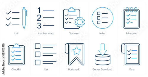 A set of 10 mix icons as list, number index clipboard