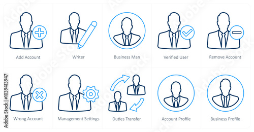 A set of 10 mix icons as add account, writer, businessman