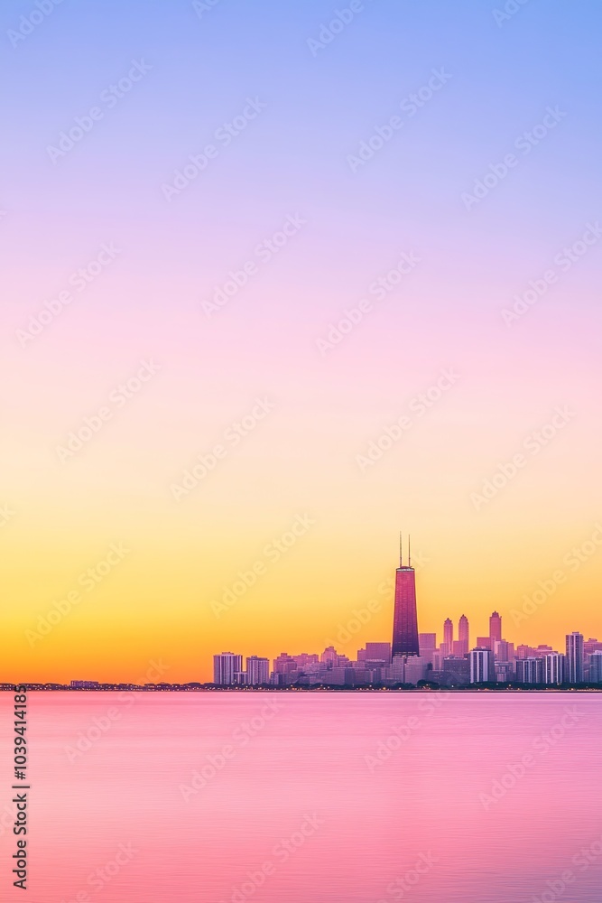 Naklejka premium Sunset hues over serene city skyline and water