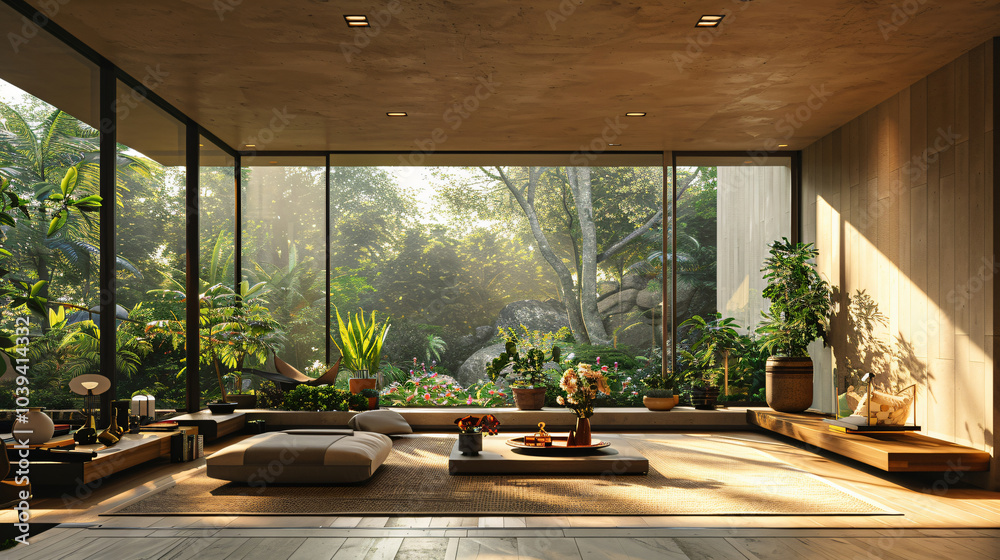 Fototapeta premium A cozy living space featuring a mix of plants and comfortable seating arranged thoughtfully, illuminated by natural light streaming through large windows for lifestyle.