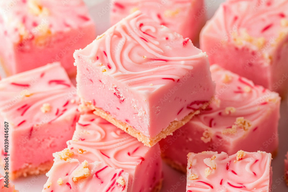 Pink peppermint fudge squares with swirls Pink peppermint fudge squares with swirls