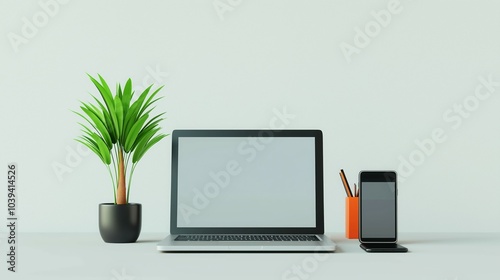 Clean and modern workspace setup with laptop, phone, and potted plants on wooden desk. photo