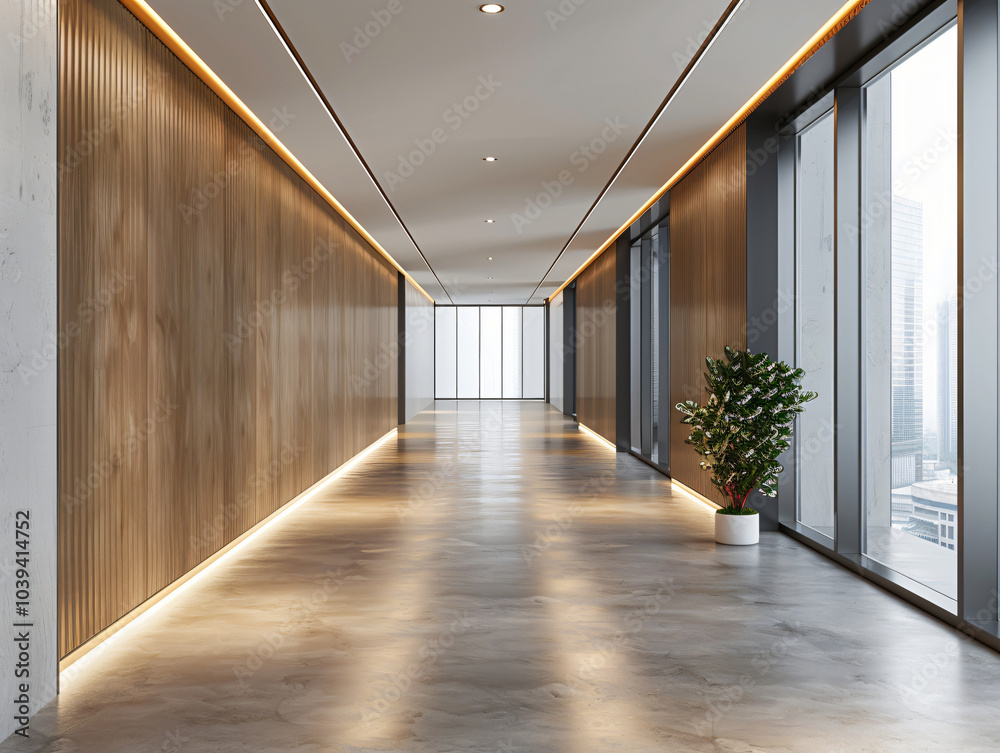 Fototapeta premium A modern corridor with wooden walls and large windows, illuminated by soft lighting, creating a sleek and inviting atmosphere for architecture.
