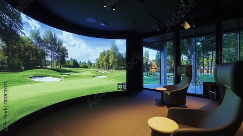 A modern golf simulator room with state-of-the-art technology, Virtual fairways on panoramic screens, High-tech gaming style photo