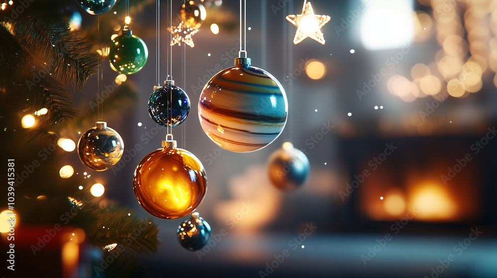 christmas tree decorations balls as planets. christmas tree decorations balls as planets.