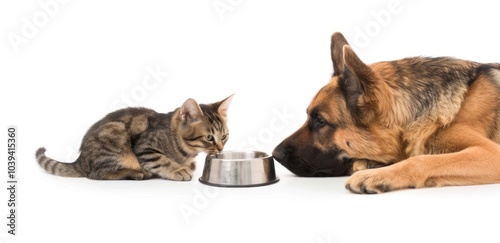 German shepherd and kitten sharing a meal from a metal bowl on a white background