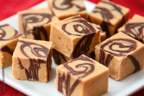 Delicious fudge squares with swirls of peanut butter and chocola photo