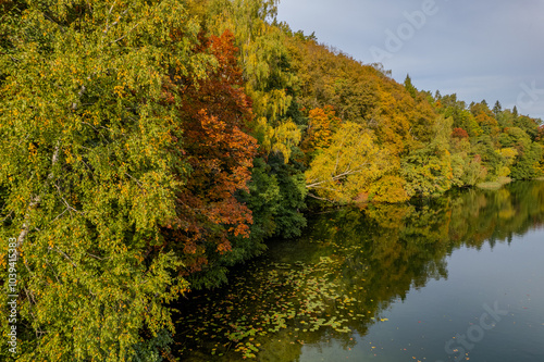 Aerial autumn morning view of colouful trees, forest, Green lakes (Zalieji ezerai) in Vilnius, Lithuania photo