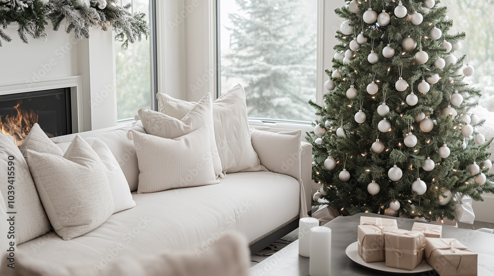 Naklejka premium Minimalist winter living room with festive Christmas tree decorated in neutral white tones, simple wrapped gifts, soft, cozy furnishings for a relaxing holiday setting. Image made using Generative AI