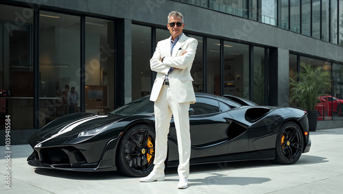 A portrait of an affluent businessman with arms crossed standing before his luxurious sports car